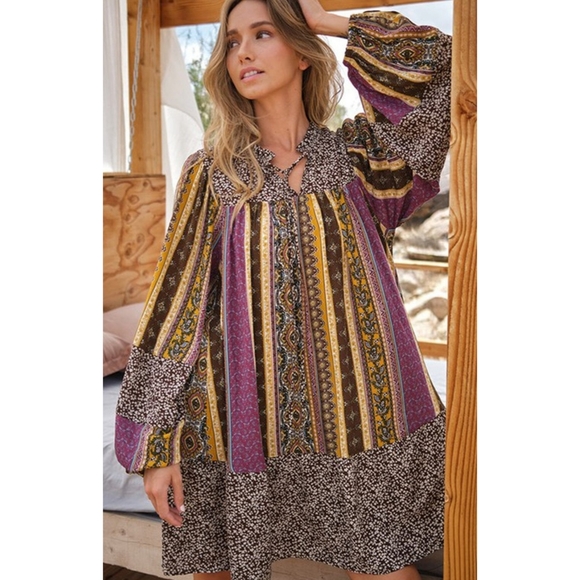 Purple brown boho multi print patchwork long balloon sleeve self tie tunic dress - Picture 2 of 7